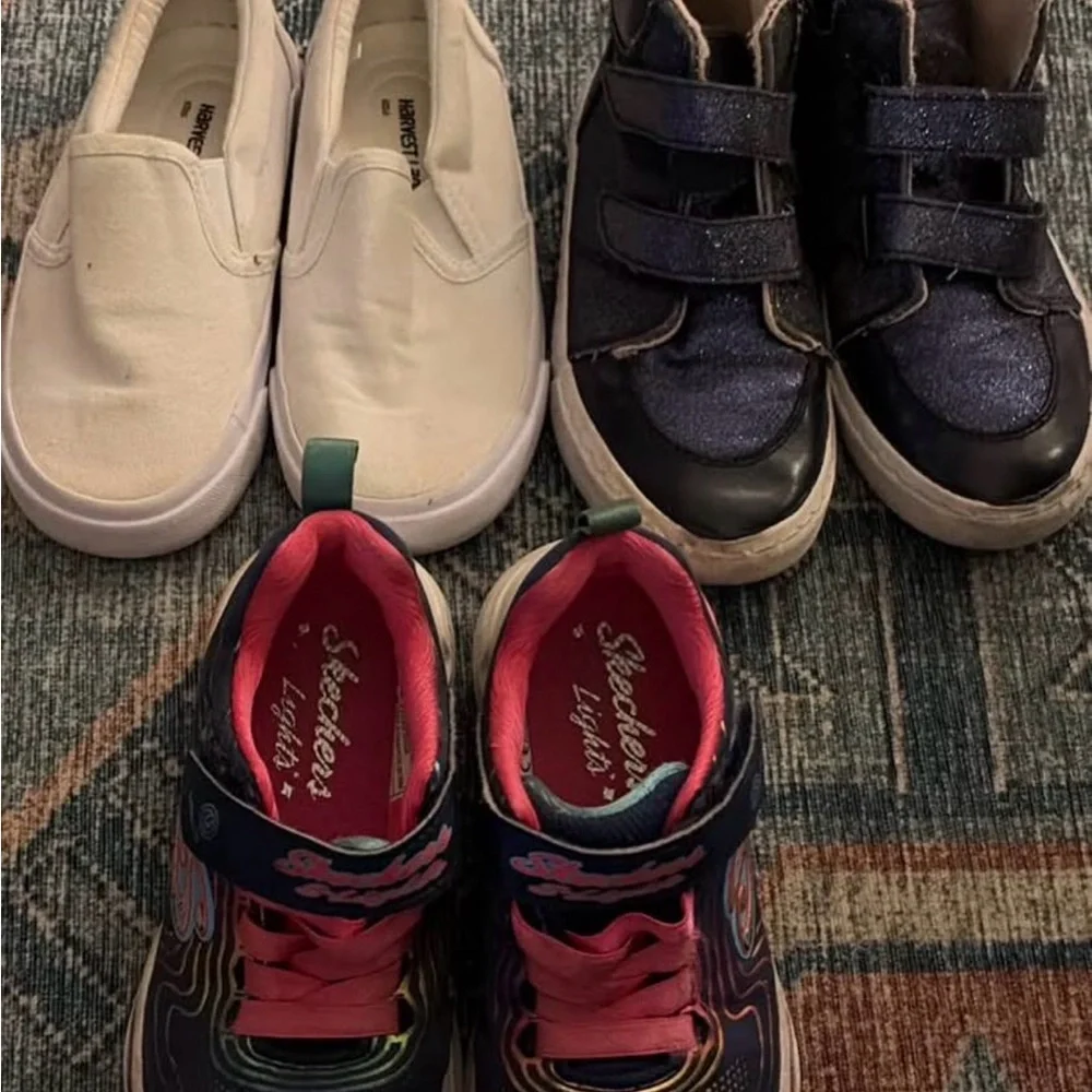 Kids sneakers size 11 -3 pairs Skechers, white slip on, navy sparkly high tops
